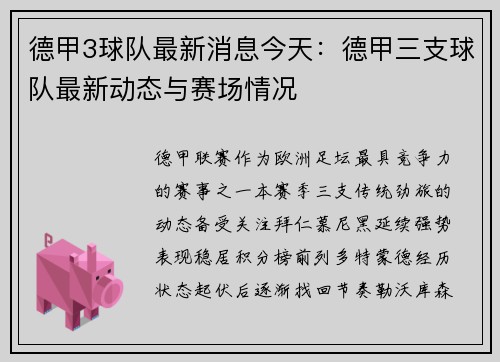 德甲3球队最新消息今天：德甲三支球队最新动态与赛场情况