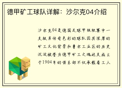德甲矿工球队详解：沙尔克04介绍